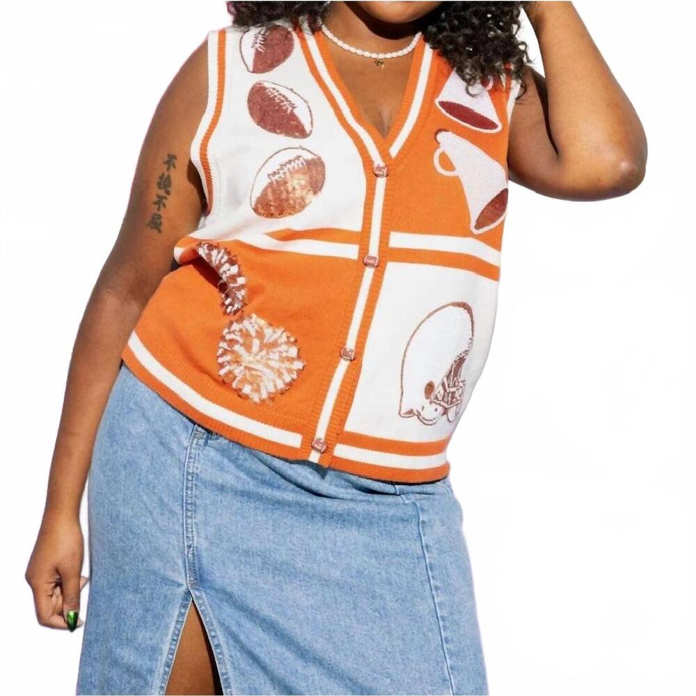 NEW QUEEN OF SPARKLES colorblock football icon button up sweater vest in burnt o